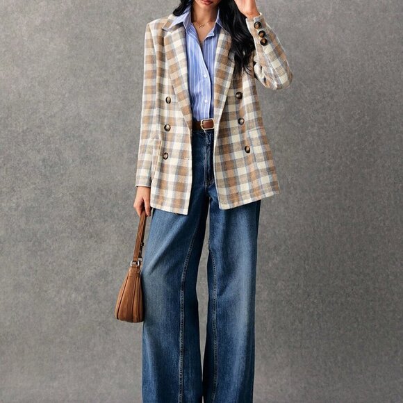 Multicolor Casual Women's Plaid Print Double-Breasted Long Sleeve Blazer Jacket - Picture 3 of 7